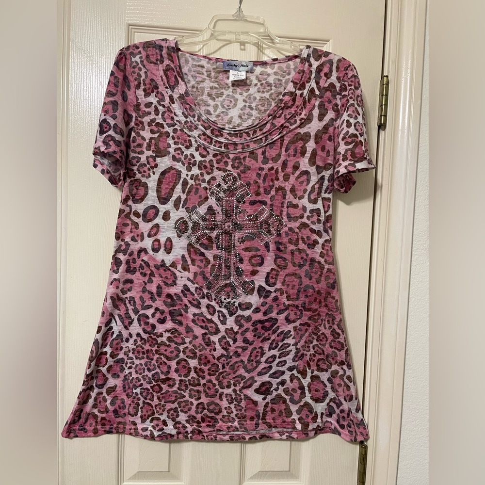 Lady Noiz Pink Leopard Print Short Sleeve Top with Studded Cross